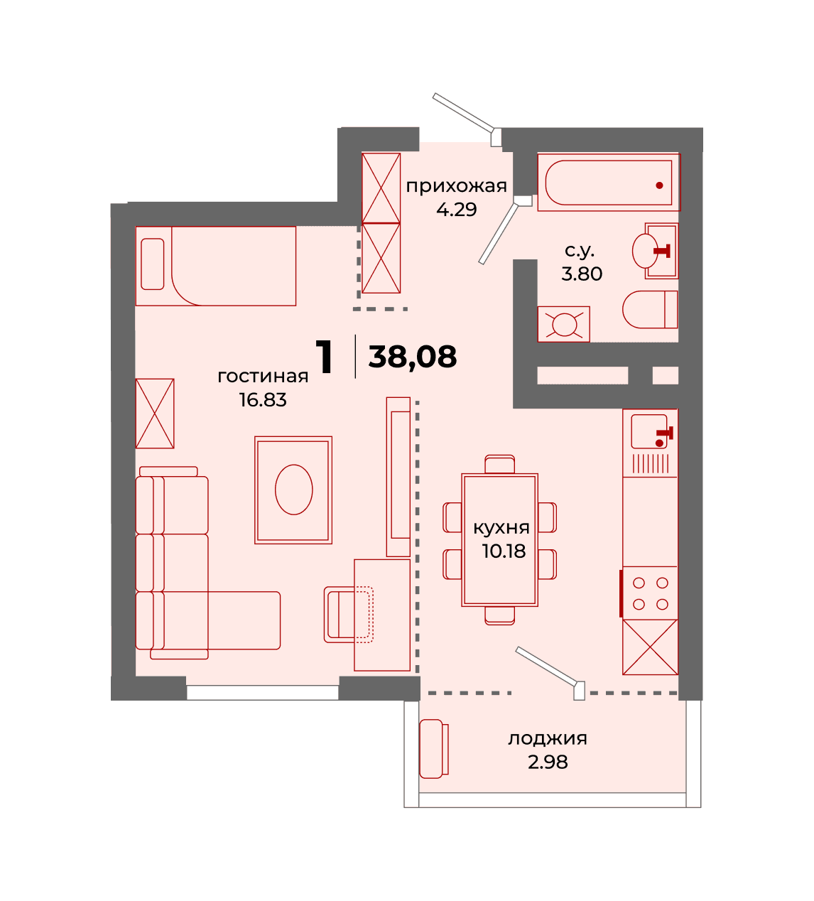 Планировка 1-комн., 38.08 м²