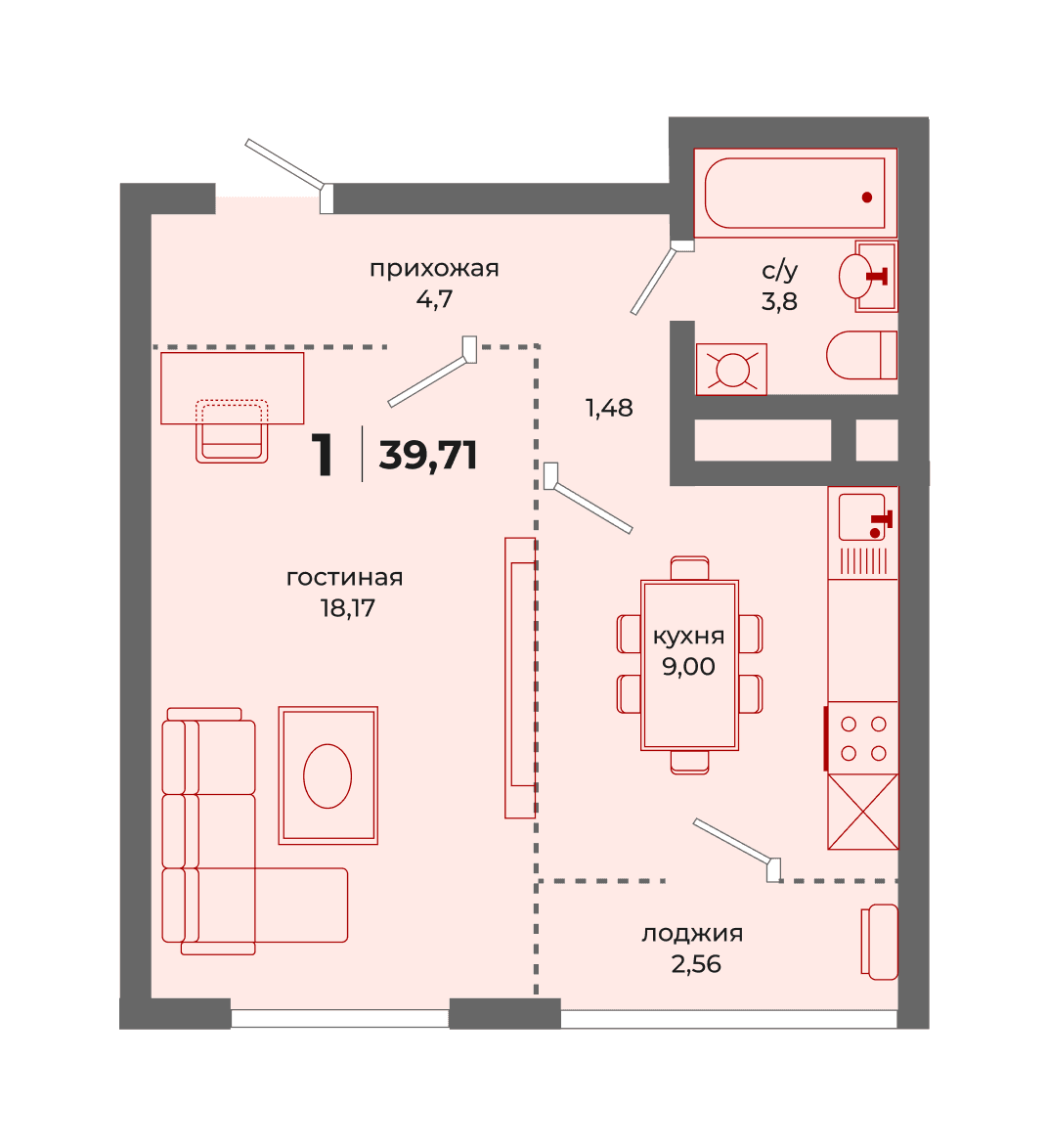 Планировка 1-комн., 39.71 м²