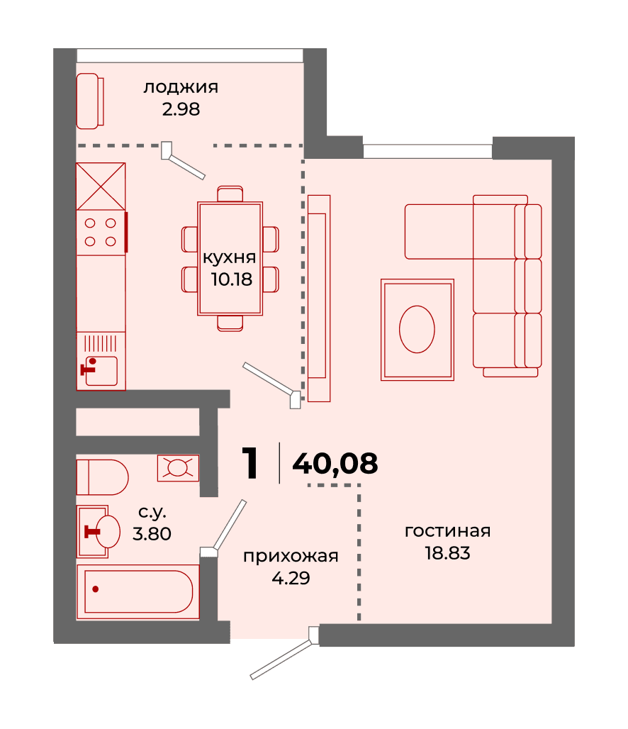 Планировка 1-комн., 40.08 м²
