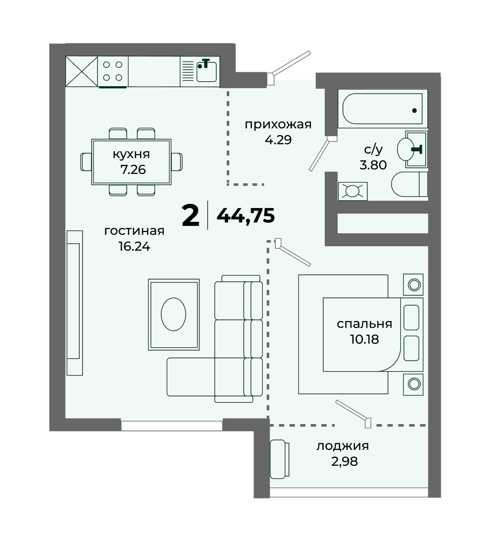 Планировка 1-комн., 44.75 м²
